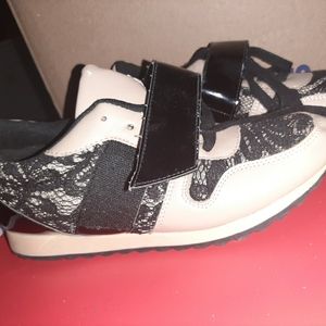 Khaki and Black lace trim Tennis Shoes